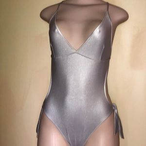 SOLD** Open Back Shiny Silver Swim Suit